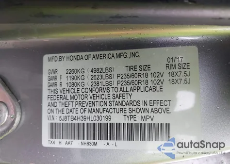 2017 Acura Rdx Acurawatch Plus Package z USA, uszkodzony, nr VIN 5J8TB4H39HL030199